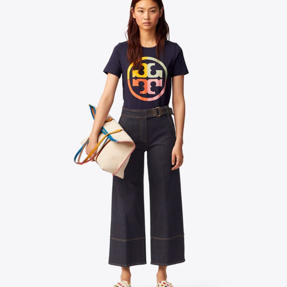 Tory Burch Womans Dark Wash Wide Leg Palazzo Jeans